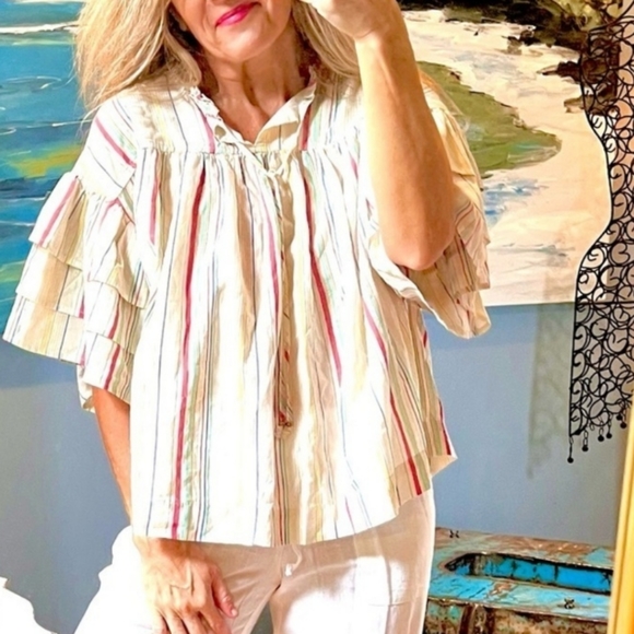 Peyton and Parker Boho Blouse metallic multicolor flutter sleeves Womens Size L - Picture 5 of 12